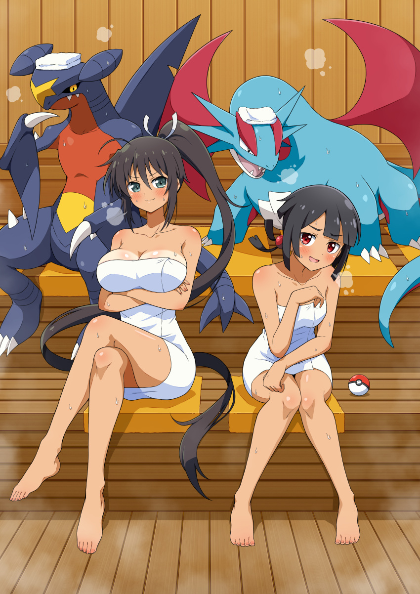 2girls :d absurdres bikini_tan black_hair black_sclera blunt_bangs blunt_ends blunt_sidelocks blunt_tresses blush body_blush breasts claws cleavage collarbone colored_sclera commission dark-skinned_female dark_skin dragon eggman_(pixiv28975023) fangs garchomp green_eyes hair_ribbon high_ponytail highres homura_(senran_kagura) large_breasts long_hair looking_at_viewer multiple_girls naked_towel open_mouth poke_ball poke_ball_(basic) pokemon pokemon_(creature) pokemon_dppt pokemon_oras pokemon_rse ponytail red_eyes red_wings ribbon salamence sauna senran_kagura senran_kagura_shoujo-tachi_no_shin'ei sharp_teeth short_hair short_ponytail skeb_commission smile spikes steam sweat tan tanlines teeth towel towel_on_head very_long_hair white_ribbon wings wooden_floor wooden_wall yellow_eyes zinnia_(pokemon)