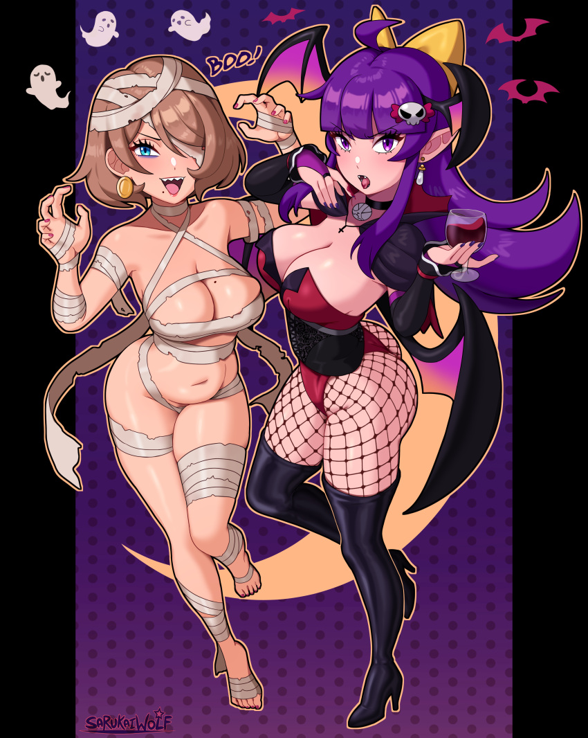 2girls absurdres ahoge artist_name ass bandage_over_one_eye bandaged_chest bandaged_head bandaged_leg bandages bat_wings black_choker blue_eyes boots breasts brown_hair capelet choker cleavage cup cupping_glass drinking_glass english_text evalynn_(sarukaiwolf) fangs fishnet_pantyhose fishnets halloween halloween_costume head_wings high_heel_boots high_heels highres large_breasts leotard long_hair looking_at_viewer mole mole_on_breast multiple_girls mummy mummy_costume naked_bandage navel open_mouth original pantyhose purple_eyes purple_hair purple_nails red_nails sarukaiwolf short_hair strapless strapless_leotard thigh_boots two-tone_leotard vampire violentine_(sarukaiwolf) wine_glass wings