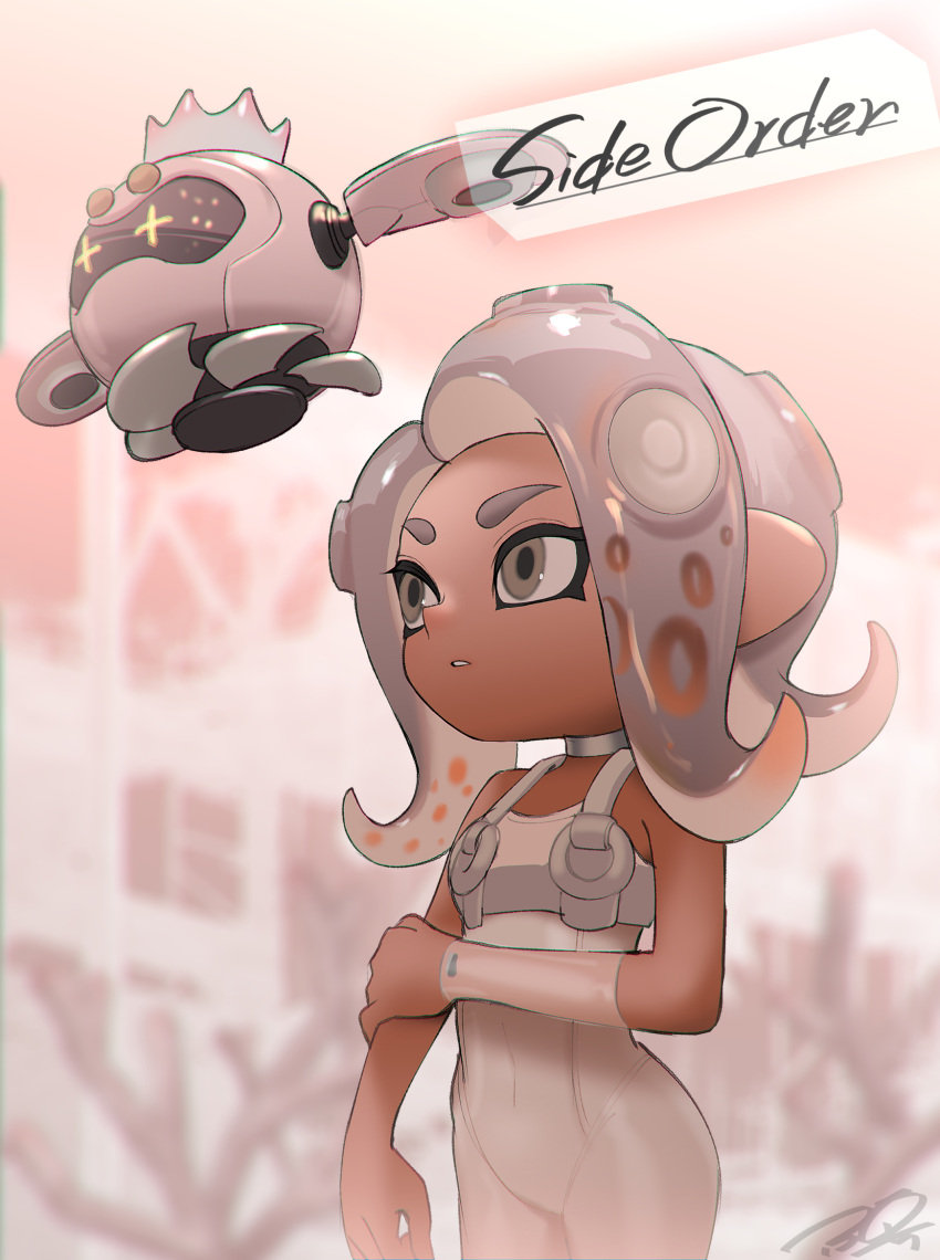 agent_8_(splatoon) bare_shoulders blurry blurry_background bodysuit brown_eyes brown_hair clenched_teeth commentary_request copyright_name covered_navel dark-skinned_female dark_skin detached_sleeves drone female grey_choker grey_hair hand_on_own_arm highres medium_hair multicolored_hair non-humanoid_robot octoling octoling_girl octoling_player_character parted_bangs pearl_drone_(splatoon) puchiman robot see-through_clothes see-through_sleeves signature single_detached_sleeve sleeveless sleeveless_bodysuit splatoon_(series) splatoon_3 splatoon_3:_side_order suction_cups teeth tentacle_hair two-tone_hair white_bodysuit