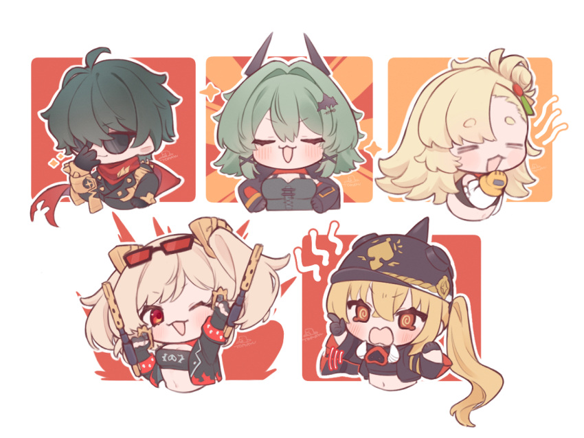 1boy 4girls 7mb_yut black_gloves black_helmet blush breasts burnice_white caesar_king_(zenless_zone_zero) chibi cleavage closed_eyes eyewear_on_head gloves green_hair hair_between_eyes helmet holding_flamethrower lighter_(zenless_zone_zero) long_hair looking_at_viewer luciana_de_montefio multiple_girls one_eye_closed open_mouth piper_wheel red-tinted_eyewear red_scarf scarf short_hair sidelocks sunglasses tinted_eyewear yawning yellow_gloves zenless_zone_zero