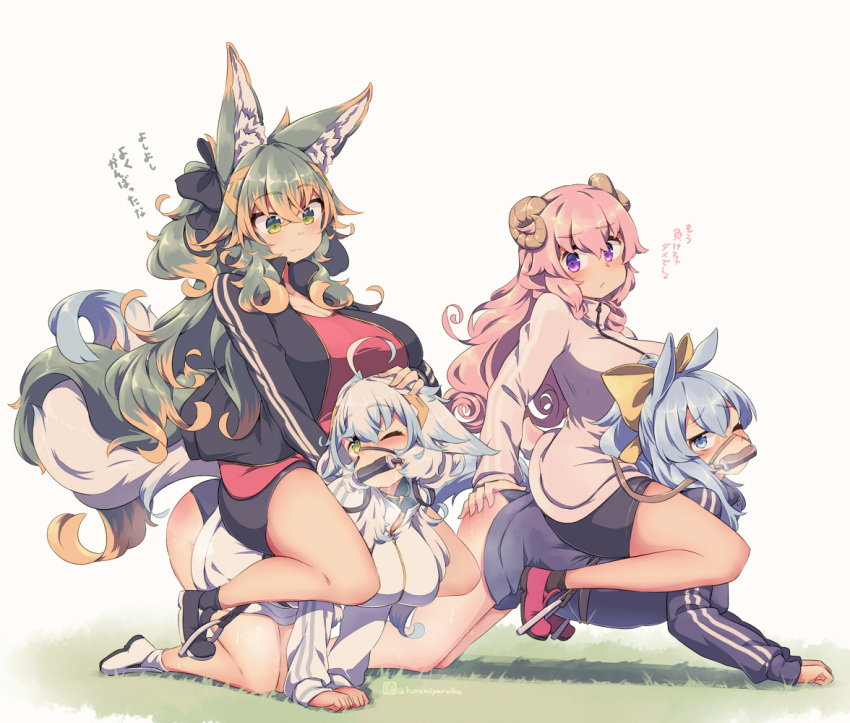 4girls ahoge animal_ear_fluff animal_ears bit_gag black_footwear black_jacket blue_eyes blue_hair blue_jacket blush breasts closed_eyes closed_mouth curled_horns gag green_hair horns jacket kuromiya kuromiya_raika_(kuromiya) kuzakura_mika_(kuromiya) large_breasts long_hair looking_at_another multicolored_hair multiple_girls one_eye_closed original pink_hair purple_eyes red_footwear riding sheep_girl sheep_horns shiromiya_asuka_(kuromiya) shoes sitting sitting_on_person smile souma_ren_(kuromiya) tail two-tone_hair white_footwear white_hair white_jacket