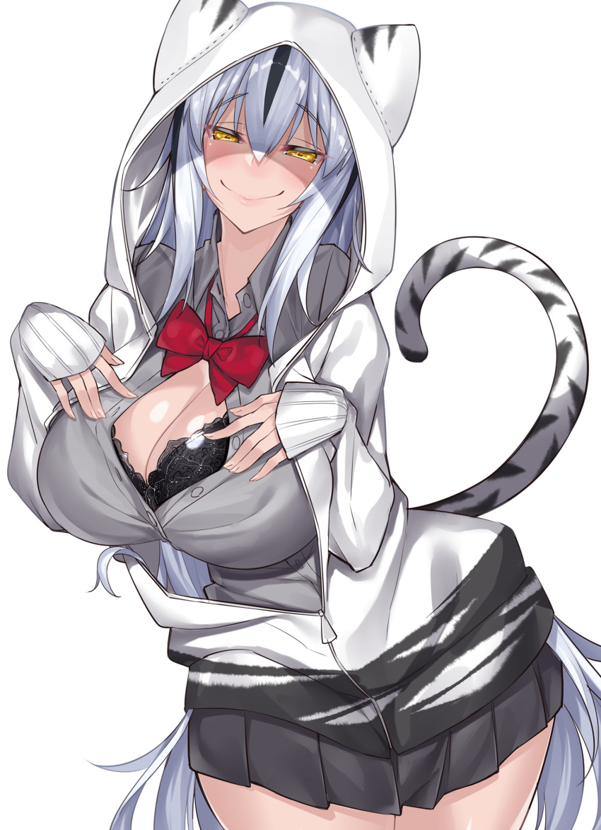 black_bra bra breasts cat_tail cleavage copyright_request fate/grand_order fate_(series) female grey_hair highres large_breasts multicolored_hair nagao_kagetora_(fate) naughty_face pleated_skirt skirt smile solo tail two-tone_hair underwear watosu yellow_eyes