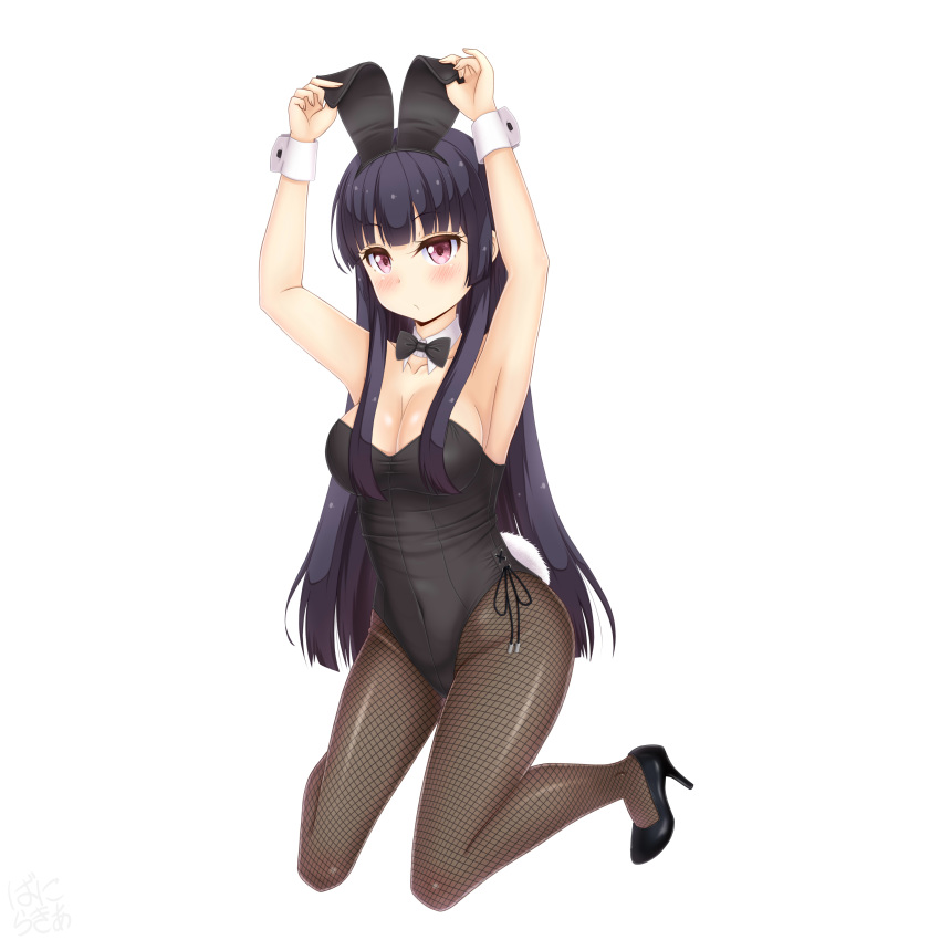 absurdres animal_ears armpits arms_up black_bow black_bowtie black_hair black_leotard black_pantyhose bow bowtie breasts commentary_request detached_collar fake_animal_ears female fishnet_pantyhose fishnets full_body highres kneeling large_breasts leotard long_hair looking_at_viewer original pantyhose playboy_bunny rabbit_ears rabbit_tail red_eyes sainohikari solo strapless strapless_leotard tail wrist_cuffs