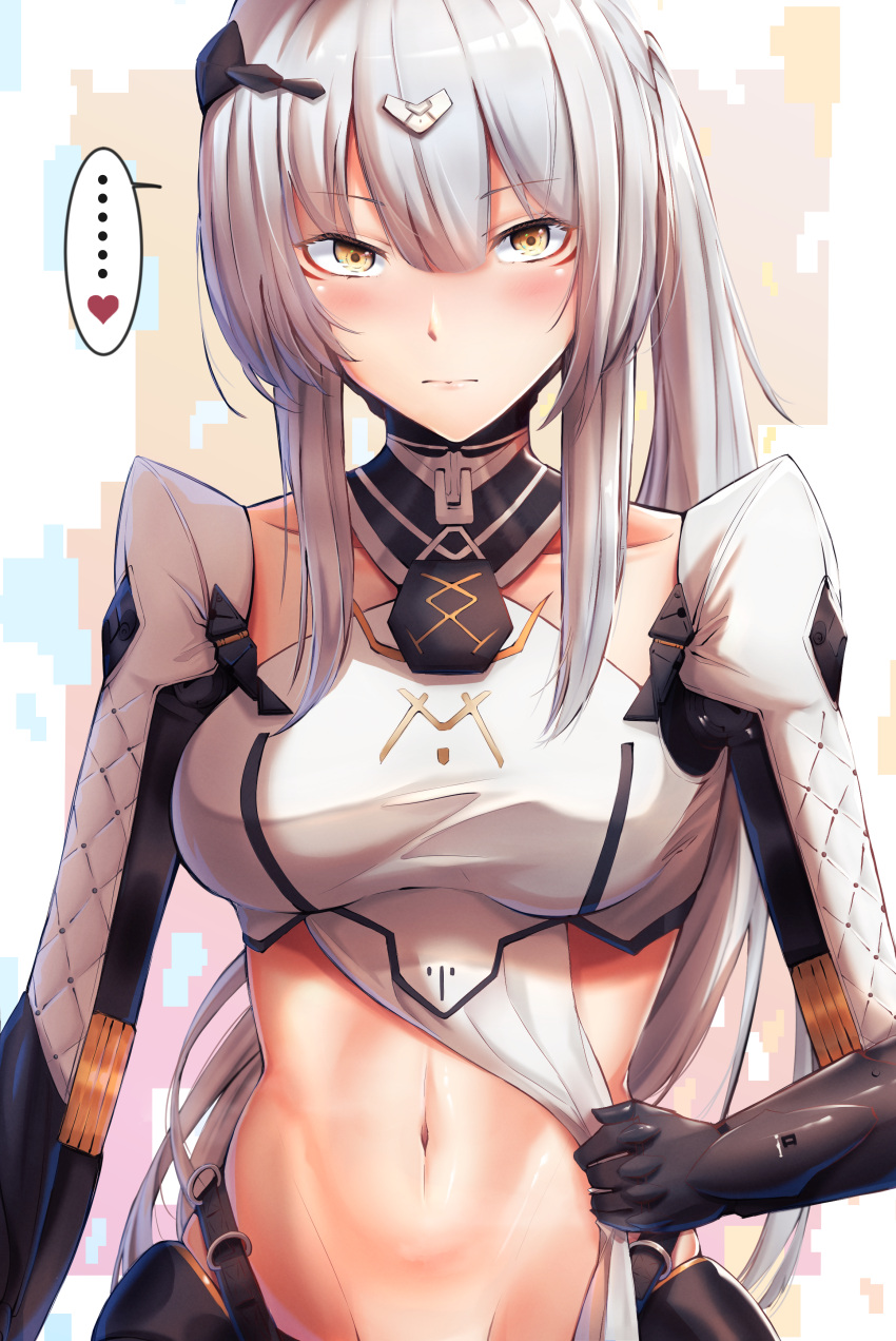 absurdres belt blush breasts closed_mouth female girls'_frontline gloves grey_hair grig_(girls'_frontline) hair_between_eyes hair_ornament highres looking_at_viewer medium_breasts navel nyto_(girls'_frontline) paradeus solo stomach xlscaler yellow_eyes