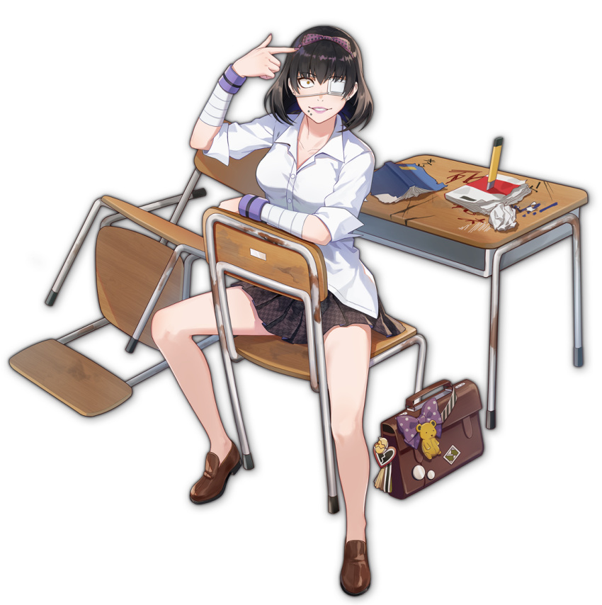 artist_request bag bandaged_arm bandages book bookbag bow boxcutter brown_footwear chair charm_(object) crumpled_paper damaged desk eyepatch female finger_gun finger_gun_to_head game_cg heart heart_print houndstooth hyakkaou_academy_school_uniform ikishima_midari kakegurui looking_at_viewer mahjong_soul official_art one_eye_covered piercing pleated_skirt purple_bow purple_lips school_uniform shirt simple_background sitting sitting_backwards skirt solo tachi-e third-party_source transparent_background white_shirt yellow_eyes