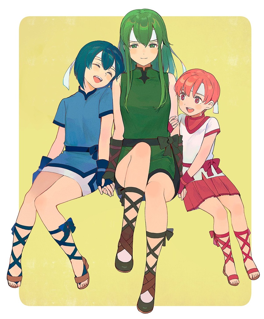 3girls aged_down blue_gloves blue_hair catria_(fire_emblem) closed_eyes closed_mouth dress est_(fire_emblem) fingerless_gloves fire_emblem fire_emblem:_mystery_of_the_emblem fire_emblem_heroes gloves green_eyes green_gloves green_hair headband highres kyufe long_hair multiple_girls open_mouth palla_(fire_emblem) pink_eyes pink_gloves pink_hair short_hair siblings simple_background sisters sitting sleeveless white_headband yellow_background