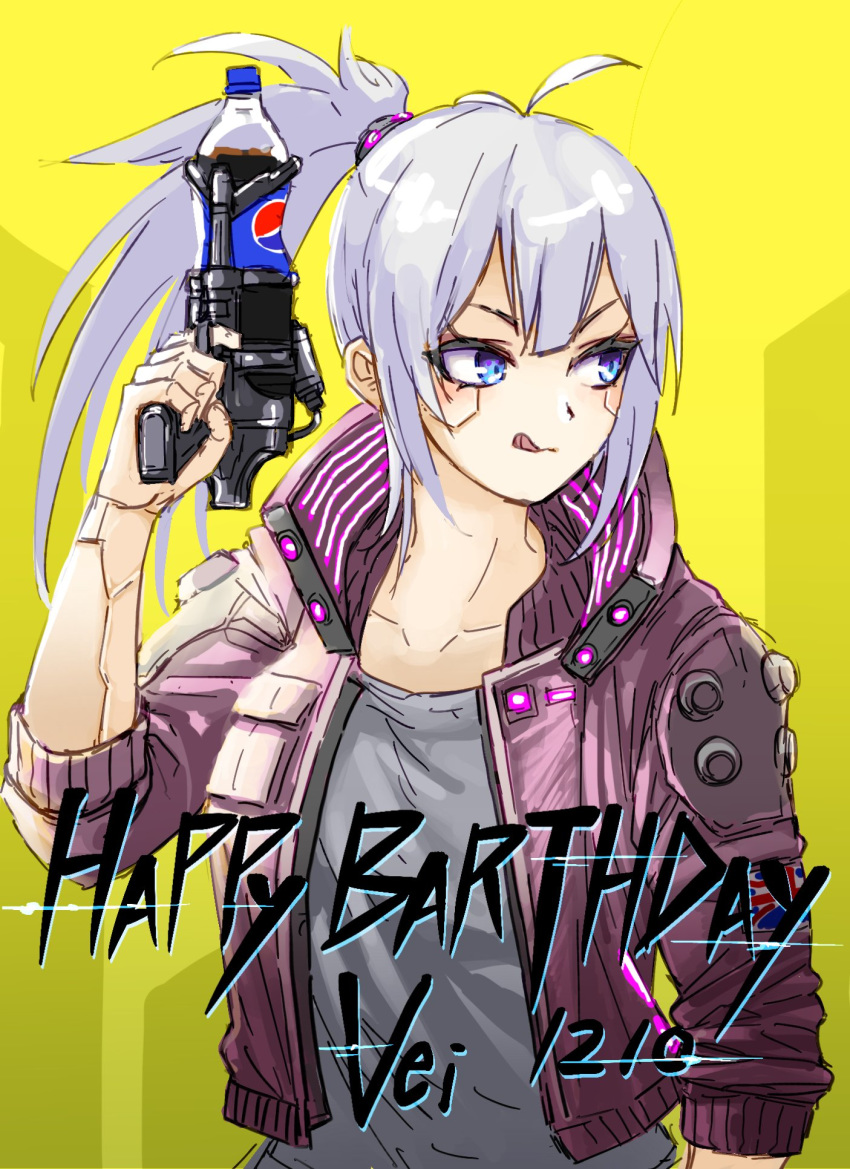 blue_eyes character_name cosplay crossover cyberpunk cyberpunk_(series) cyberpunk_2077 english_commentary english_text engrish_text female fuku_(fuku12290574) grey_hair gun happy_birthday highres holding holding_gun holding_weapon indie_virtual_youtuber jacket licking_lips mechanical_parts pepsi ponytail purple_jacket ranguage samurai_jacket_(cyberpunk) soda soda_bottle solo tongue tongue_out v-shaped_eyebrows v_(cyberpunk) v_(cyberpunk)_(cosplay) vei_(vtuber) virtual_youtuber weapon