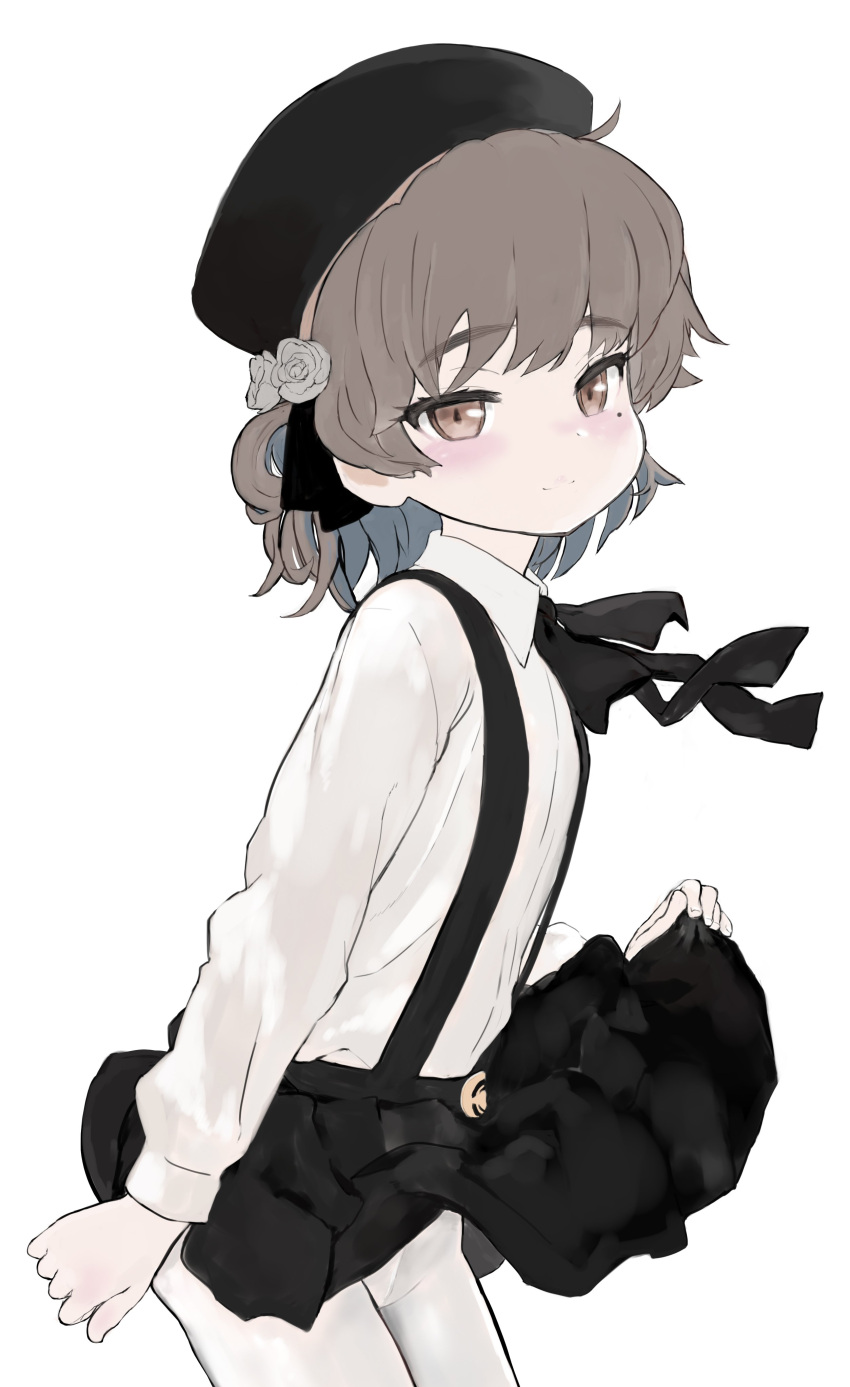 absurdres bad_id bad_twitter_id beret black_hat black_ribbon black_skirt blush brown_eyes brown_hair commentary female flower hat hatoba_tsugu highres inactive_account long_sleeves looking_at_viewer mole mole_under_eye neck_ribbon pantyhose ribbon rose sasahara_yuuki shirt simple_background skirt skirt_hold smile solo suspender_skirt suspenders tsugu_(vtuber) virtual_youtuber white_background white_pantyhose white_shirt