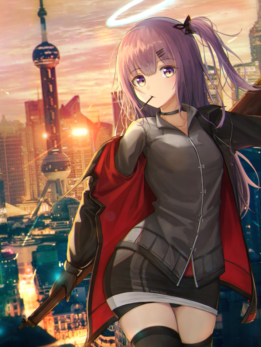 ambriel_(arknights) arknights backlighting black_gloves black_jacket black_thighhighs building choker cityscape closed_mouth cloud cloudy_sky collarbone collared_shirt commentary contrapposto cowboy_shot cropped_arms cropped_legs english_commentary female flippy_(cripine111) food food_in_mouth gloves grey_shirt gun hair_ornament hairclip halo head_tilt highres holding holding_gun holding_weapon infection_monitor_(arknights) jacket light_blush long_hair long_sleeves looking_at_viewer miniskirt one_side_up oriental_pearl_tower outdoors photo_background pocky pocky_in_mouth purple_eyes purple_hair real_world_location red_jacket rifle see-through see-through_legwear shanghai shirt skindentation skirt sky skyscraper solo sunset thighhighs weapon zettai_ryouiki