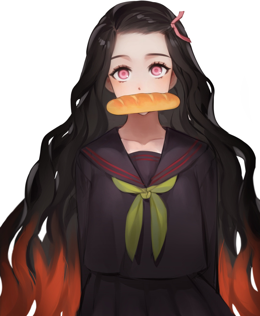 absurdres arms_at_sides bad_id bad_twitter_id baguette bamme_o3o black_hair black_sailor_collar black_serafuku black_shirt black_skirt bread brown_hair collarbone commentary_request female food food_in_mouth green_neckerchief hair_ribbon highres japanese_clothes kamado_nezuko kimetsu_gakuen kimetsu_no_yaiba korean_commentary long_hair looking_at_viewer mouth_hold multicolored_hair neckerchief pink_eyes pink_ribbon pleated_skirt ribbon sailor_collar school_uniform serafuku shirt simple_background skirt solo two-tone_hair white_background