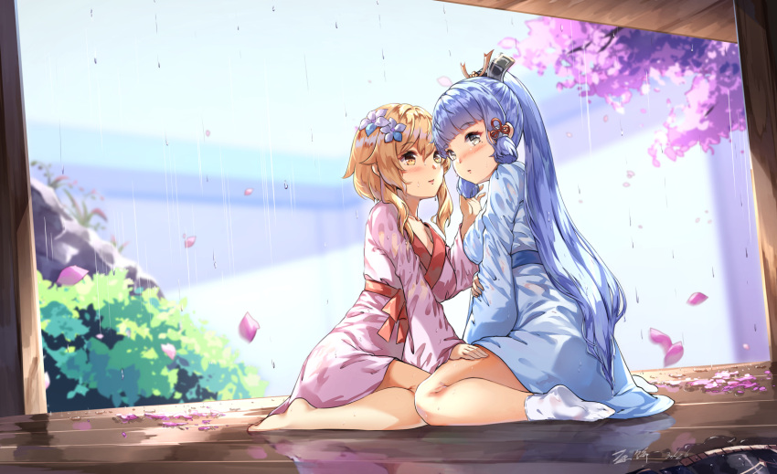 2girls barefoot blonde_hair blue_hair blue_kimono breasts brown_eyes chahei commentary_request day flower genshin_impact grey_eyes hair_between_eyes hair_flower hair_ornament hand_up highres japanese_clothes kamisato_ayaka kimono long_hair lumine_(genshin_impact) medium_breasts multiple_girls no_shoes outdoors petals pink_kimono rain signature sitting socks soles very_long_hair wariza white_flower white_socks yuri