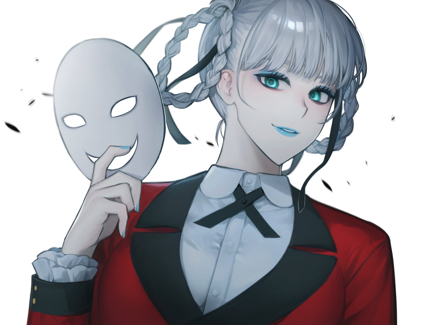 absurdres bad_id bad_twitter_id bamme_o3o black_ribbon braid braided_hair_rings collared_shirt commentary dress_shirt female frills grey_eyes hair_ribbon highres holding holding_mask hyakkaou_academy_school_uniform jacket kakegurui lipstick long_sleeves looking_at_viewer makeup mask momobami_kirari red_jacket ribbon school_uniform shirt short_hair simple_background smile solo symbol-only_commentary teeth upper_body white_background