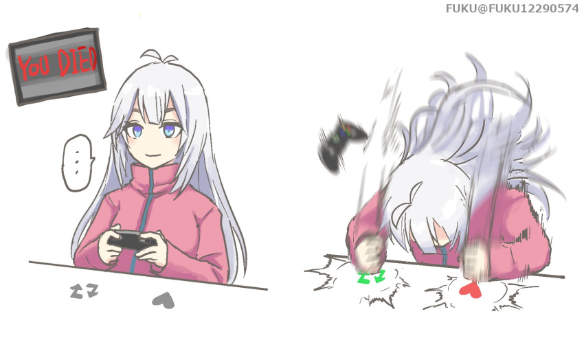 ... annoyed artist_name blue_eyes bongo_cat commentary_request controller english_text eyebrows_hidden_by_hair female fuku_(fuku12290574) game_controller highres holding holding_controller holding_game_controller indie_virtual_youtuber like_and_retweet long_hair meme motion_blur spoken_ellipsis twitter vei_(vtuber) vei_(vtuber)_(1st_costume) virtual_youtuber white_hair xbox_controller