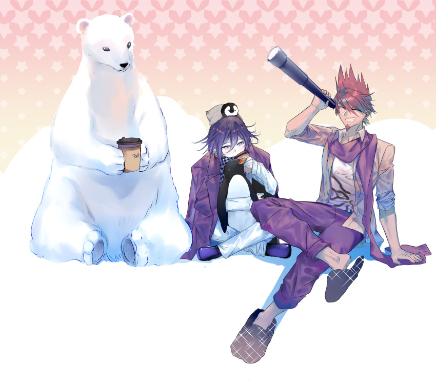 2boys absurdres animal animal_hug animal_on_head baby_penguin bear bird checkered_clothes checkered_scarf commentary_request covering_own_mouth cup danganronpa_(series) danganronpa_v3:_killing_harmony emperor_penguin facial_hair goatee grey_shirt grin hair_between_eyes highres holding holding_cup jacket jacket_on_shoulders long_sleeves male_focus medium_hair momota_kaito multiple_boys oma_kokichi on_ground on_head one_eye_closed open_clothes pants penguin pink_jacket polar_bear print_shirt purple_hair qianhai scarf shirt shoes short_hair sitting sleeves_pushed_up smile snow space_print starry_sky_print telescope white_pants