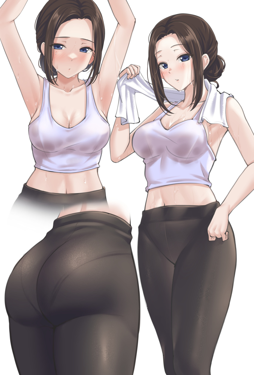 absurdres alternate_hairstyle armpits arms_up ass bang_dream! bare_arms bare_shoulders black_pants blue_eyes blush breasts brown_hair cleavage closed_mouth collarbone commentary_request crop_top cropped_legs cropped_torso feet_out_of_frame female from_behind hair_bun hand_on_own_hip hand_up highres holding holding_towel looking_at_viewer lower_body medium_breasts midriff multiple_views navel pants pantylines parted_bangs parted_lips ptal short_hair sidelocks simple_background single_hair_bun standing stomach sweat tank_top towel upper_body wakana_rei white_background white_tank_top yoga_pants