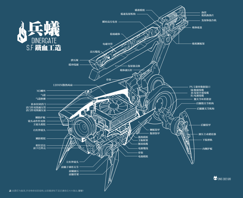 absurdres anatomy artificial_eye blueprint_(medium) blueprint_(object) cross_section cut-away dinergate_(girls'_frontline) girls'_frontline highres mechanical_eye mechanical_parts no_humans non-humanoid_robot one-eyed onis robot sangvis_ferri translation_request weapon