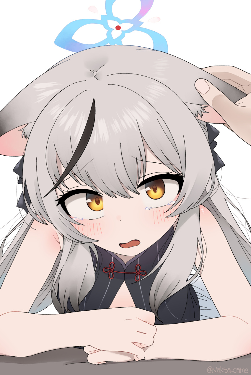 1other animal_ears bare_shoulders blue_archive blush breasts female grey_hair halo highres kokona_(blue_archive) long_hair looking_at_viewer nakta open_mouth pov simple_background sleeveless tears white_background yellow_eyes