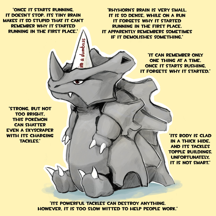 claws commentary creature dunce_cap english_commentary fatmanass full_body gen_1_pokemon highres inktober no_humans pokemon pokemon_(creature) rhyhorn simple_background sitting solo text_focus yellow_background