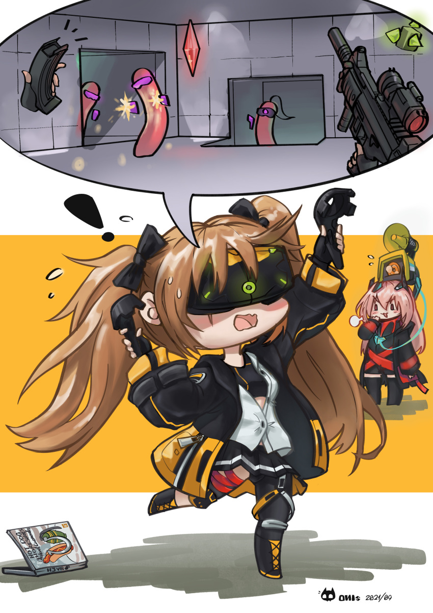 2girls absurdres banana_(girls'_frontline) blush brown_hair chibi food girls'_frontline gun h&k_ump highres hot_dogs_horseshoes_&_hand_grenades htc_vive long_hair m4_sopmod_ii_(girls'_frontline) m4_sopmod_ii_(mod3)_(girls'_frontline) multiple_girls non-humanoid_robot onis playing_games robot sangvis_ferri sausage smug submachine_gun twintails ump9_(girls'_frontline) ump9_(mod3)_(girls'_frontline) very_long_hair virtual_reality weapon