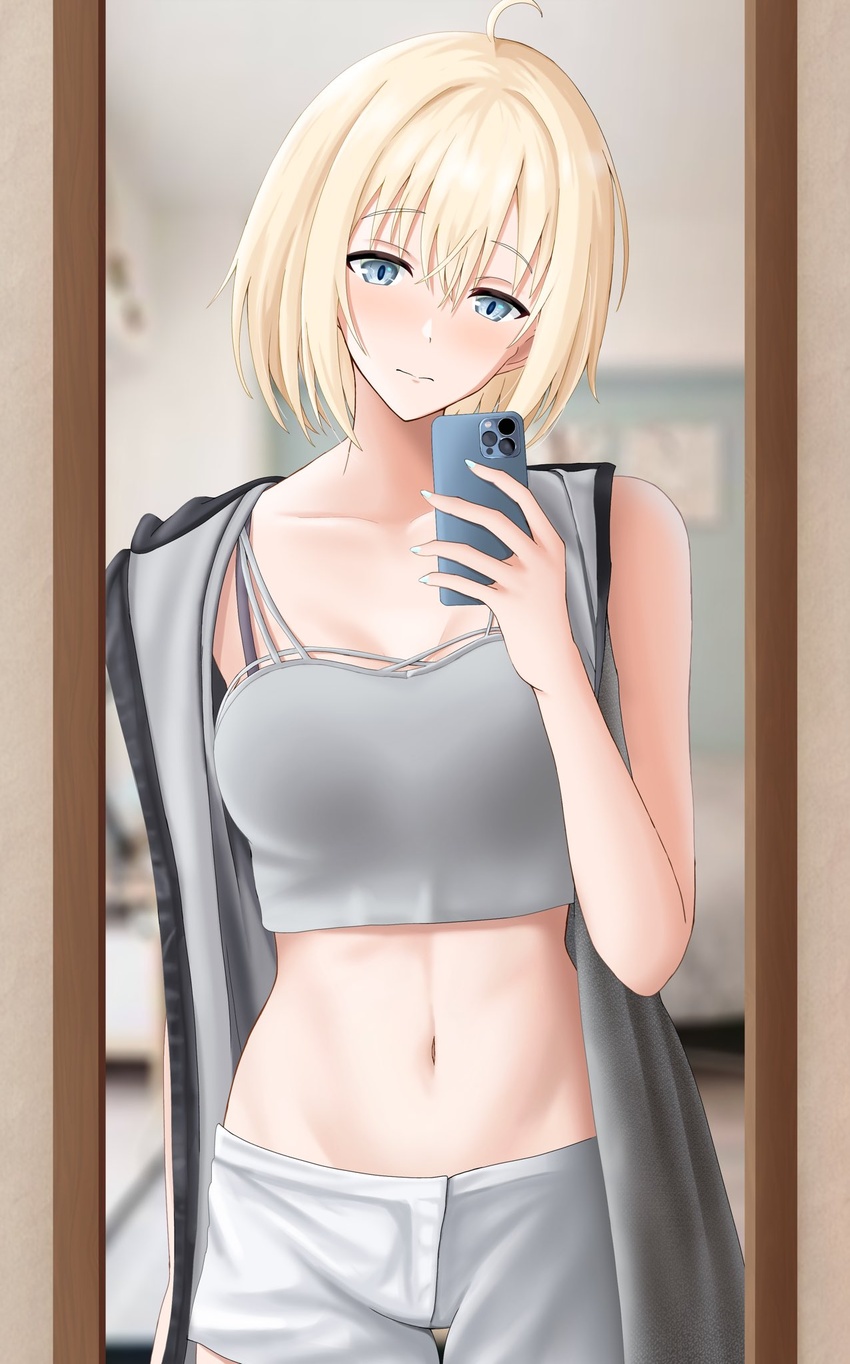 ahoge azur_lane bataan_(azur_lane) blonde_hair blue_eyes blush camisole cellphone crop_top female grey_camisole grey_shorts head_tilt highres holding holding_phone indoors jakqbigone looking_at_viewer midriff navel phone selfie short_hair short_shorts shorts single_bare_shoulder smartphone solo stomach upper_body