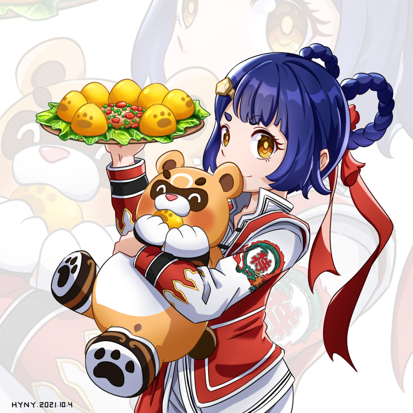 alternate_costume animal_hug black_hair blunt_bangs bow braid brown_eyes carrying chinese_clothes chinese_commentary chuuka_ichiban! commentary_request cosplay female food genshin_impact guoba_(genshin_impact) hair_ornament hair_ribbon hairbow hairclip highres hug hyny liu_mao_xing liu_mao_xing_(cosplay) long_hair long_sleeves looking_at_viewer plate red_panda ribbon sidelocks simple_background thick_eyebrows trait_connection twin_braids vest xiangling_(genshin_impact) zoom_layer