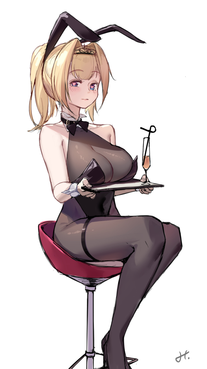 animal_ears black_bow black_bowtie black_leotard bodystocking bow bowtie breast_rest breasts breasts_on_tray carried_breast_rest carrying champagne_flute cleavage cup detached_collar drinking_glass drinking_straw female hair_intakes han_(ozrfour) heart heart-shaped_pupils highres holding holding_tray leotard nijisanji pantyhose playboy_bunny ponytail rabbit_ears sitting smile solo symbol-shaped_pupils thigh_strap tray virtual_youtuber virtuareal wrist_cuffs yukie_(virtuareal)