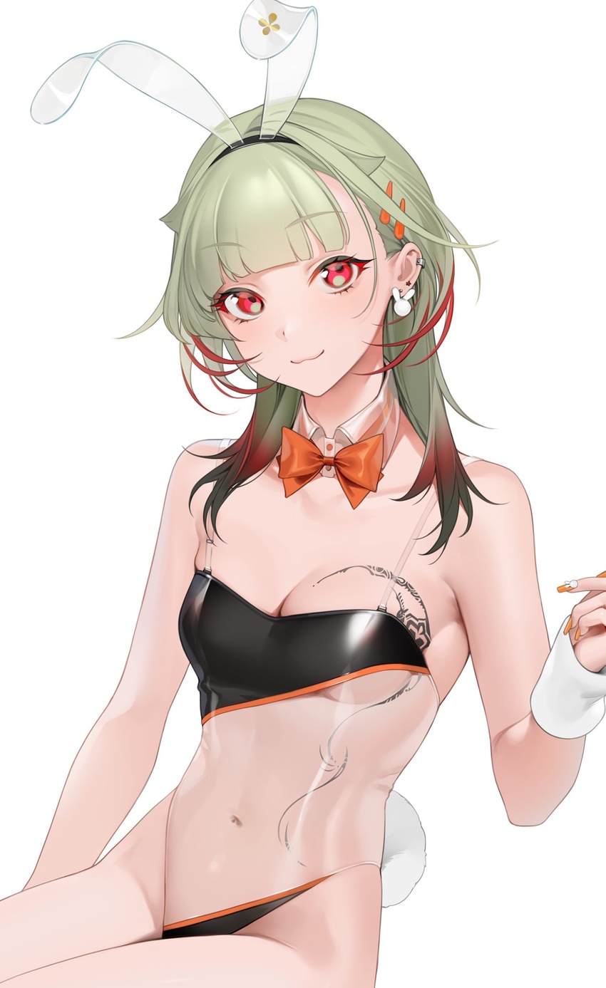 :3 animal_ears azur_lane bad_id bad_twitter_id bare_shoulders blunt_bangs blush bow bowtie breast_tattoo breasts cleavage closed_mouth collarbone commentary detached_collar ear_piercing earrings fake_animal_ears fake_tail female fingernails giuseppe_garibaldi_(azur_lane) gradient_hair green_hair highleg highleg_leotard highres jewelry leotard long_fingernails multicolored_hair nail_polish navel ohisashiburi orange_bow orange_bowtie orange_nails piercing rabbit_earrings rabbit_ears red_eyes red_hair see-through simple_background sitting smile solo stomach symbol-only_commentary tail tattoo white_background wrist_cuffs