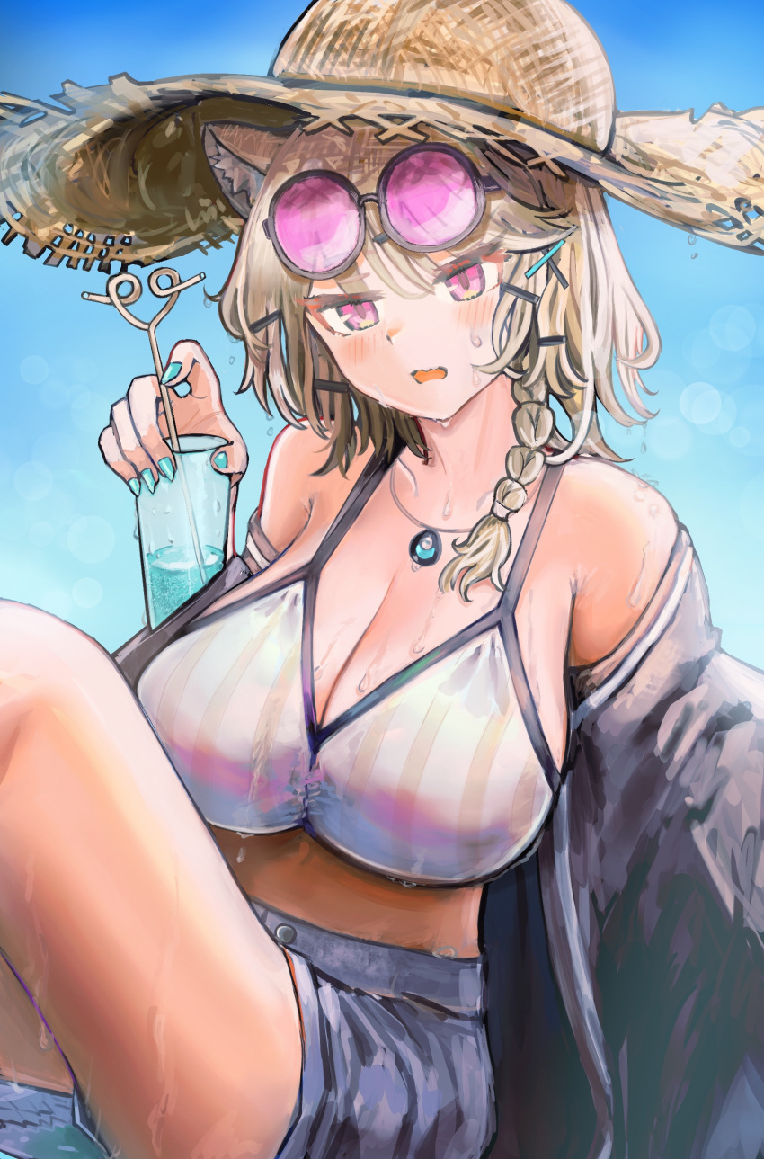 absurdres animal_ear_fluff animal_ears aqua_nails arknights bad_id bad_pixiv_id bare_shoulders beach bikini black_jacket blonde_hair blue_background blush braid breasts cleavage commentary_request crazy_straw cup day drinking_glass drinking_straw eyewear_on_head female hachiko_(0088) hair_ornament hairclip hat heart_straw highres holding holding_cup jacket jewelry knee_up large_breasts long_sleeves nail_polish necklace official_alternate_costume open_clothes open_jacket open_mouth outdoors purple_eyes short_hair side_braid single_braid sitting solo straw_hat striped_bikini striped_clothes sunglasses sweat swimsuit swimsuit_cover-up tail thighs tinted_eyewear utage_(arknights) utage_(summer_flowers)_(arknights) vertical-striped_bikini vertical-striped_clothes weapon wet wet_clothes white_bikini wide_sleeves x_hair_ornament