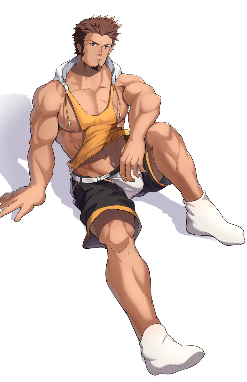 1boy abs absurdres alternate_costume bad_id bad_pixiv_id bara bare_pectorals bare_shoulders black_shorts blue_eyes brown_hair bulge casual collarbone cropped_hoodie cross_scar crotchless_shorts facial_hair fate/grand_order fate_(series) full_body goatee head_tilt highres hood hoodie jockstrap knee_up large_pectorals long_sideburns looking_at_viewer male_focus male_underwear midriff muscular muscular_male napoleon_bonaparte_(fate) navel nipple_piercing nipples orange_hoodie orange_tank_top pectorals piercing revealing_clothes scar scar_on_chest short_hair shorts sideburns simple_background socks solo stomach tank_top tekkowang underwear white_background white_male_underwear white_socks