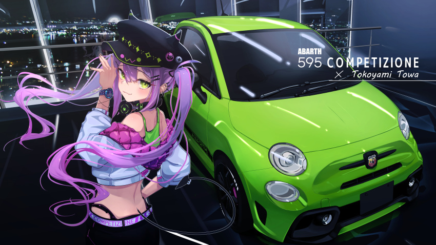 abarth abarth_595 absurdres bibi_(tokoyami_towa) black_headwear blush car city_lights closed_mouth commentary cowboy_shot demon_tail ear_piercing fake_horns fangs fangs_out female floating_hair from_behind green_eyes hair_between_eyes hair_ornament hairclip headphones headphones_around_neck highres hololive horned_headwear horns indoors jacket long_hair long_sleeves looking_at_viewer looking_back motor_vehicle multicolored_hair nail_polish off_shoulder piercing pink_hair purple_hair skin_fangs smile solo standing streaked_hair tail tail_ornament tail_piercing tokoyami_towa tokoyami_towa_(1st_costume) twintails two-tone_hair virtual_youtuber watch white_jacket window wristwatch you'a