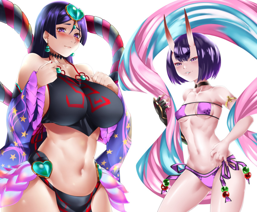 2girls absurdres arm_guards bikini black_fundoshi breasts chinese_clothes cosplay costume_switch curvy dudou eyeliner eyepatch_bikini fate/grand_order fate_(series) forehead_jewel fundoshi headpiece highres horns japanese_clothes large_breasts long_hair low-tied_long_hair makeup minamoto_no_raikou_(fate) minamoto_no_raikou_(swimsuit_lancer)_(fate) minamoto_no_raikou_(swimsuit_lancer)_(fate)_(cosplay) minamoto_no_raikou_(swimsuit_lancer)_(third_ascension)_(fate) multiple_girls oni purple_bikini purple_eyes purple_hair revealing_clothes short_eyebrows shuten_douji_(fate) shuten_douji_(halloween_caster)_(fate) shuten_douji_(halloween_caster)_(fate)_(cosplay) side-tie_bikini_bottom silvamaria skin-covered_horns small_breasts strapless strapless_bikini swimsuit thai_commentary very_long_hair