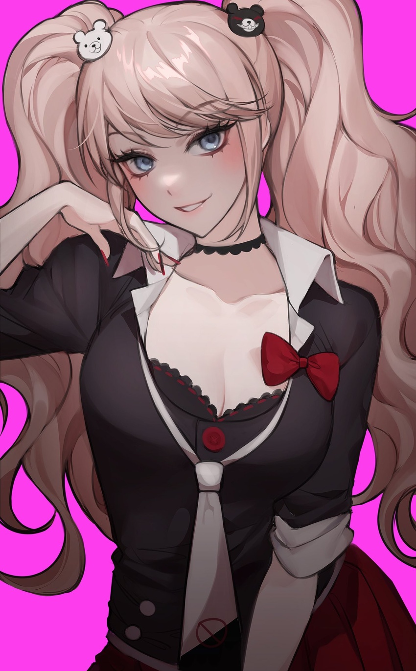 bad_id bad_twitter_id bamme_o3o bear_hair_ornament black_choker black_necktie black_shirt blue_eyes bow bra breasts choker cleavage collarbone commentary_request cowboy_shot danganronpa:_trigger_happy_havoc danganronpa_(series) enoshima_junko female hair_ornament hand_up highres korean_commentary large_breasts long_hair nail_polish necktie pink_background pleated_skirt red_bow red_nails red_skirt shirt simple_background skirt smile solo teeth twintails underwear white_necktie