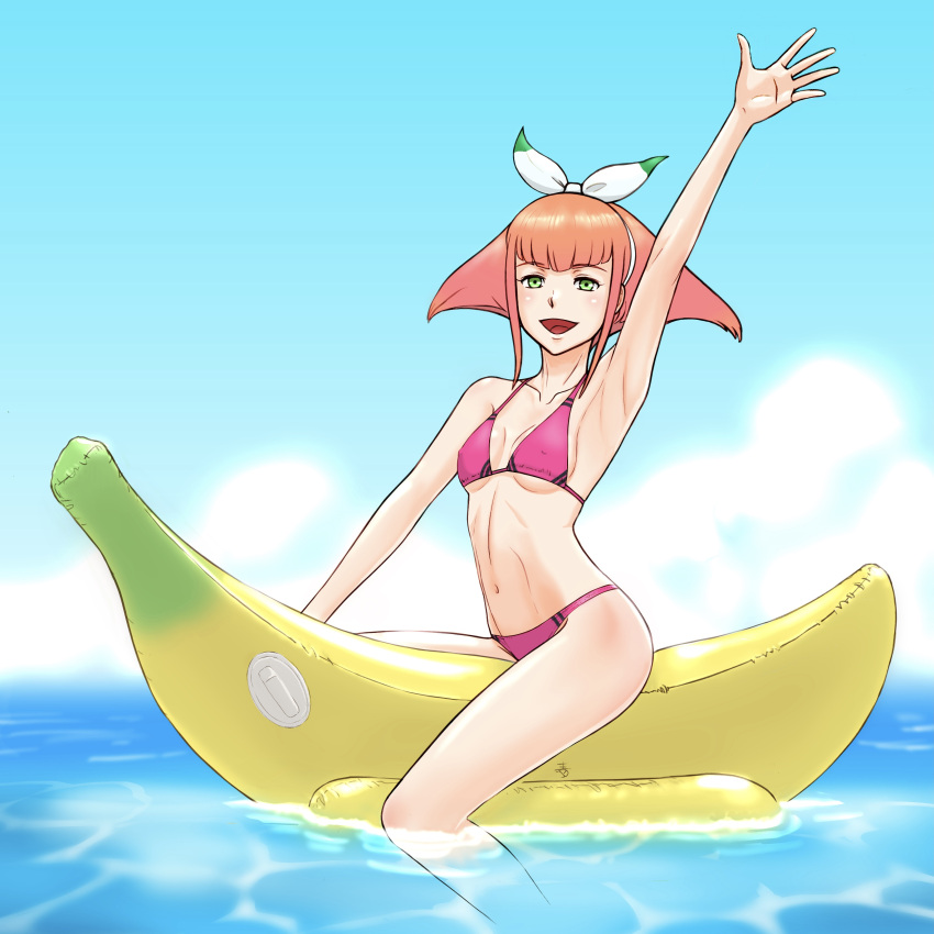 absurdres aobito_sukoyaka_bystander arm_up armpits banana_boat barara_peol bikini blue_sky breasts check_commentary cloud collarbone commentary commentary_request covered_nipples day female green_eyes gundam gundam_g_no_reconguista hair_ribbon highres navel ocean open_mouth outdoors pink_bikini pink_hair ribbon sidelocks sky small_breasts smile solo stomach swimsuit underboob water waving white_ribbon