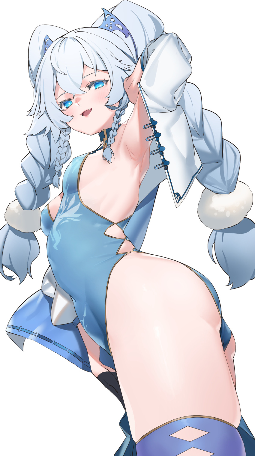 absurdres arm_up armpits ass black_gloves blue_eyes blush braid breasts china_dress chinese_clothes cleavage_cutout clothing_cutout commentary dress female girls'_frontline gloves hair_between_eyes hair_ornament half_gloves heart heart-shaped_pupils highres jam_(nandade) long_hair looking_at_viewer no_panties official_alternate_costume open_mouth pa-15_(alluring_larkspur)_(girls'_frontline) pa-15_(girls'_frontline) pelvic_curtain side_slit sideboob simple_background single_half_glove skindentation small_breasts smile solo symbol-shaped_pupils thighhighs thighs twin_braids twintails