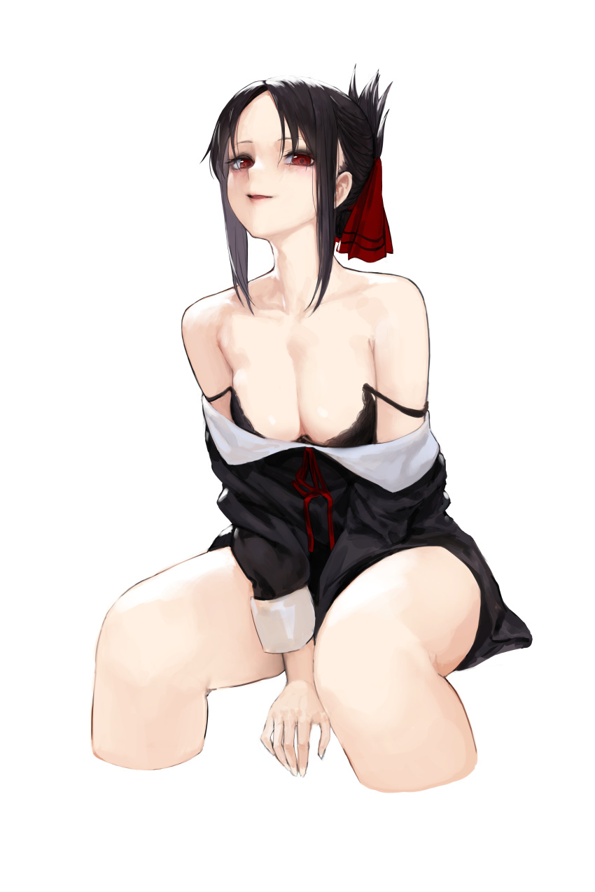 absurdres bare_shoulders between_legs black_bra black_dress blush bow bra breasts cleavage clothes_pull cropped_legs dress dress_pull egk513 female folded_ponytail hairbow hand_between_legs highres invisible_chair kaguya-sama_wa_kokurasetai_~tensai-tachi_no_renai_zunousen~ large_breasts looking_at_viewer parted_bangs parted_lips red_bow red_eyes red_ribbon ribbon school_uniform seductive_smile shinomiya_kaguya short_hair shuuchiin_academy_school_uniform sidelocks simple_background sitting smile solo strap_slip underwear v_arms white_background