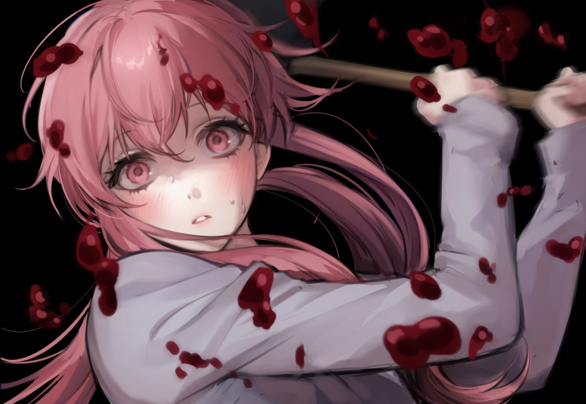 bamme_o3o black_background blood blood_on_clothes blood_on_face blurry blush commentary female gasai_yuno hair_between_eyes hair_ornament hand_up hands_up highres holding holding_weapon long_hair long_sleeves looking_at_viewer mirai_nikki pink_eyes pink_hair simple_background solo symbol-only_commentary teeth weapon