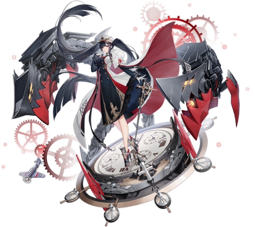 aircraft airplane armored_shoes azur_lane black_dress black_hair breasts cape dress female full_body fur_trim gloves gujianshaonu hat high_heels highres large_breasts long_dress long_hair long_sleeves looking_at_viewer machinery official_art parted_lips peaked_cap peter_strasser_(azur_lane) purple_eyes smile transparent_background turret uniform very_long_hair