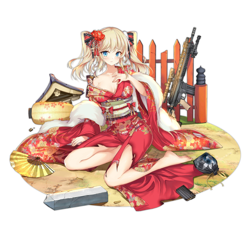 ar-10 arm_support barefoot battle_rifle black_bag black_ribbon blonde_hair blue_eyes blush breasts broken cleavage closed_mouth faux_figurine feet female floral_print flower flower_request folding_fan full_body fur-trimmed_kimono fur_trim girls'_frontline gun hair_flower hair_ornament hair_ribbon hand_fan hand_on_own_chest highres japanese_clothes jianren kimono kneeling large_breasts larue_tactical_obr light_frown long_hair looking_at_viewer magazine_(weapon) medium_breasts obr_(envoy_of_spring)_(girls'_frontline) obr_(girls'_frontline) off_shoulder official_alternate_costume official_art red_flower red_kimono red_ribbon ribbon rifle shell_casing solo tears third-party_source toes torn_clothes torn_kimono transparent_background twintails weapon wide_sleeves