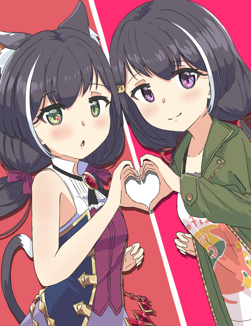 2girls absurdres animal_ear_fluff animal_ears bare_arms black_hair blush bodice bow cat_ears cat_girl cat_hair_ornament cat_tail chestnut_mouth closed_mouth coat commentary green_coat green_eyes green_jacket hair_ornament hairbow heart heart_hands heart_hands_duo highres jacket karyl_(princess_connect!) karyl_(real)_(princess_connect!) long_hair long_sleeves looking_at_viewer melerdon multicolored_hair multiple_girls open_mouth princess_connect! purple_eyes purple_skirt shirt skirt sleeveless sleeveless_shirt smile streaked_hair tail white_hair white_shirt