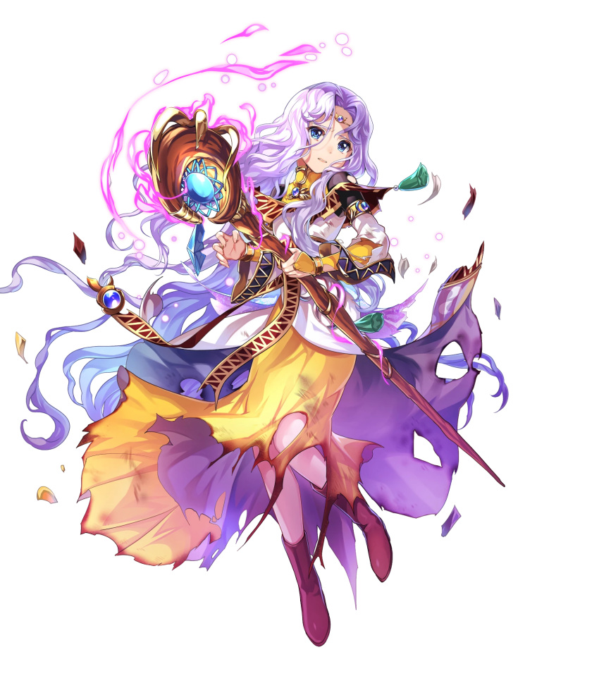 blue_eyes boots bracelet brown_footwear chachie circlet dress female fire_emblem fire_emblem:_thracia_776 fire_emblem_heroes full_body glowing highres holding jewelry long_dress long_hair long_sleeves looking_away non-web_source official_art parted_bangs parted_lips pink_hair sara_(fire_emblem) skirt solo staff torn_clothes torn_skirt torn_sleeves transparent_background very_long_hair wide_sleeves