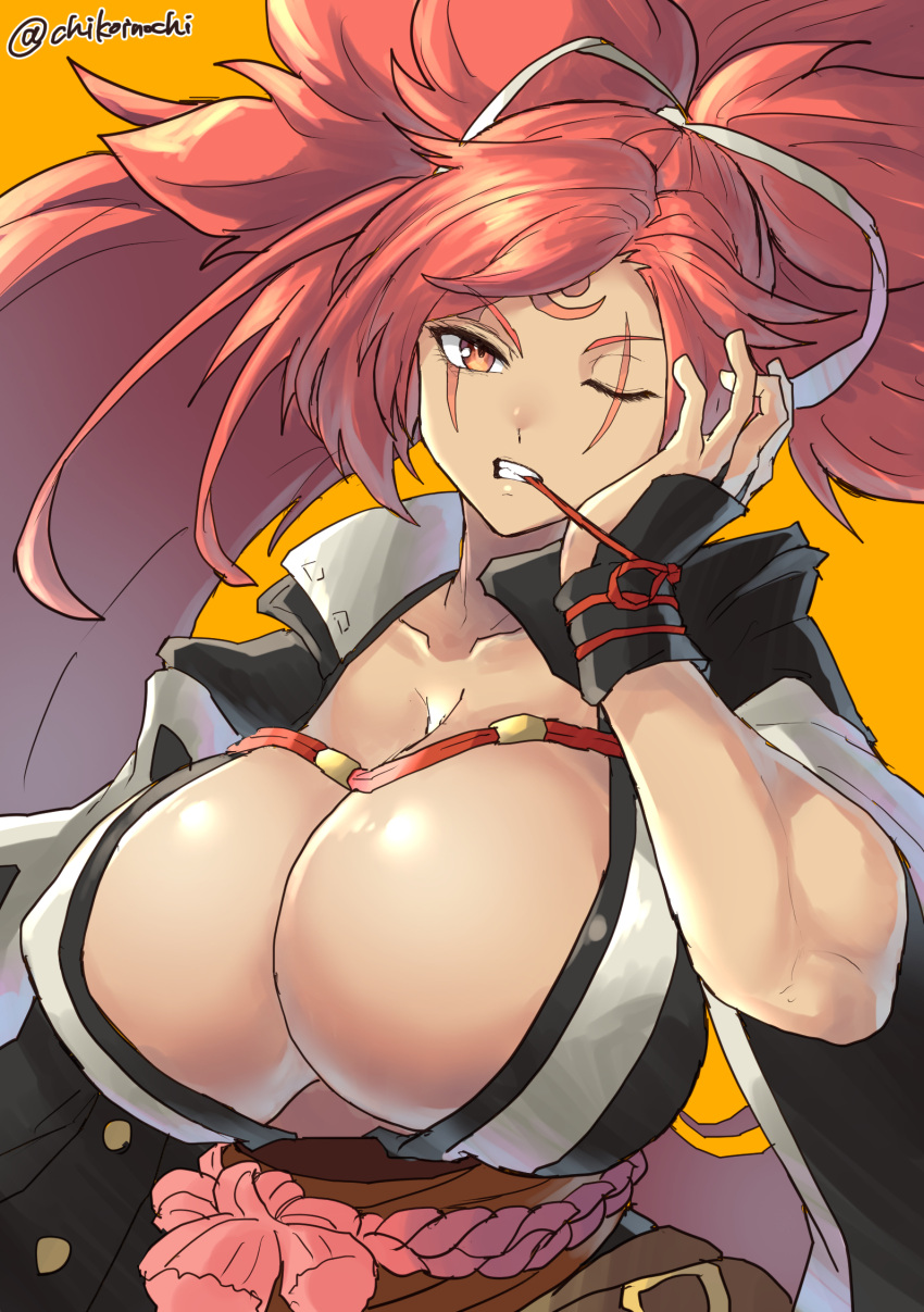 artist_name baiken breasts chikoinochi cleavage facial_mark female forehead_mark guilty_gear hair_tie head_on_hand highres large_breasts long_hair one_eye_closed orange_background orange_eyes red_eyes red_hair scar scar_across_eye solo teeth upper_body very_long_hair