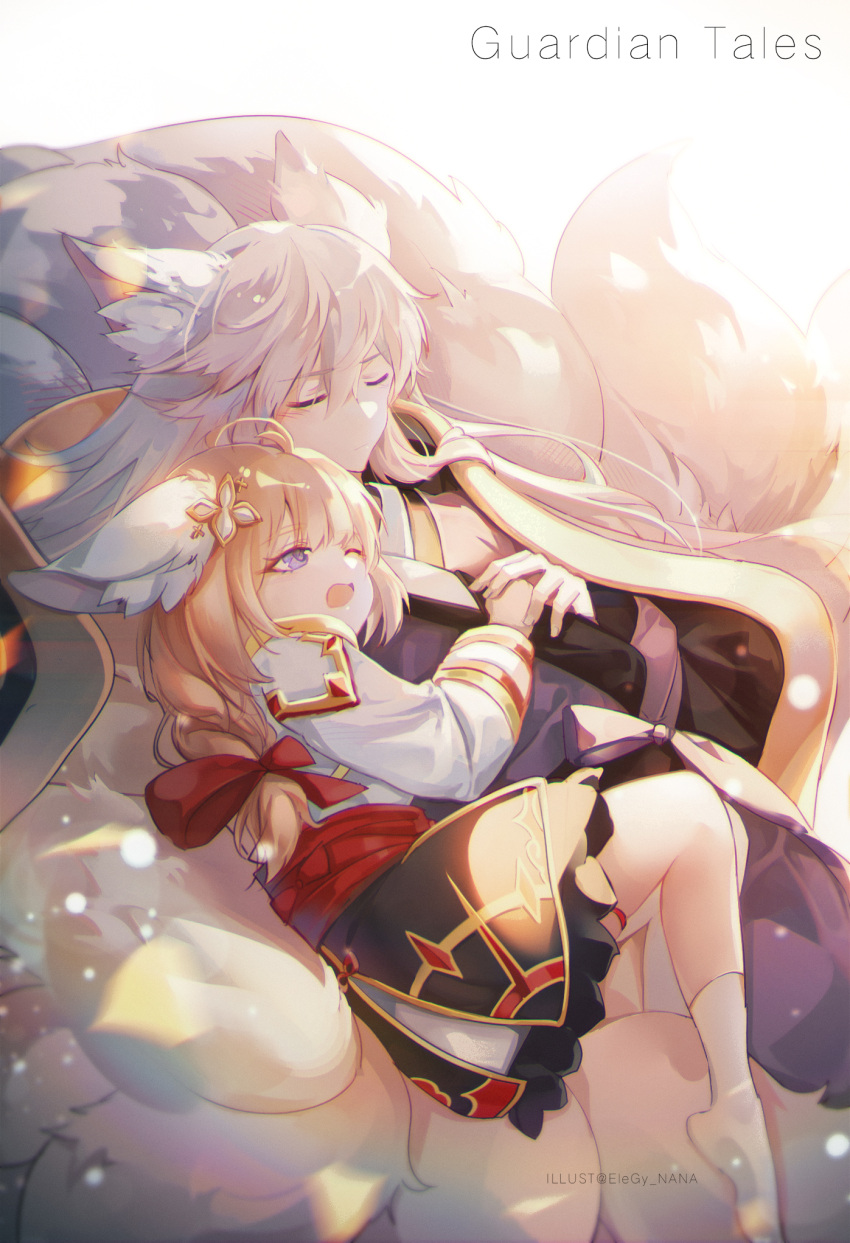 1boy animal_ears artist_name closed_mouth eight-tailed_fox_nari female fox_boy fox_ears fox_girl fox_tail grey_hair guardian_tales hair_ornament highres holding_hands hug korean_clothes long_hair looking_at_another multiple_tails nana895 nine_tailed_fox_garam one_eye_closed open_mouth orange_hair ponytail sleeping tail white_background white_legwear