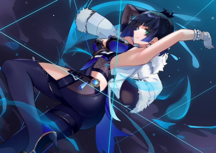 :d armpits ass asymmetrical_gloves black_hair black_pants blunt_bangs bracelet breasts chinese_clothes choker cleavage commentary_request dark_hound_3 earrings elbow_gloves female fingerless_gloves from_below fur-trimmed_jacket fur_trim genshin_impact gloves green_eyes high_heels highres jacket jacket_on_shoulders jewelry long_sleeves looking_at_viewer mismatched_gloves open_clothes open_jacket pants parted_lips short_hair sidelocks simple_background sleeveless smile solo standing standing_on_one_leg string vision_(genshin_impact) white_jacket yelan_(genshin_impact)