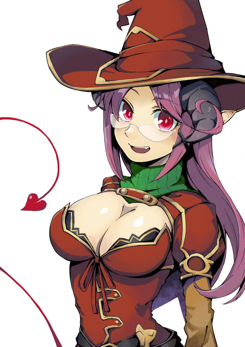 absurdres breasts cleavage cleavage_cutout clothing_cutout demon_girl demon_horns demon_tail female glasses hair_ornament hat highres horns kawahara0527 large_breasts long_hair looking_at_viewer mon-musu_quest! oerba_yun_fang open_mouth pointy_ears purple_hair red_eyes red_hat simple_background smile solo succubus_witch_(mon-musu_quest!) tail upper_body white_background witch_hat x_hair_ornament