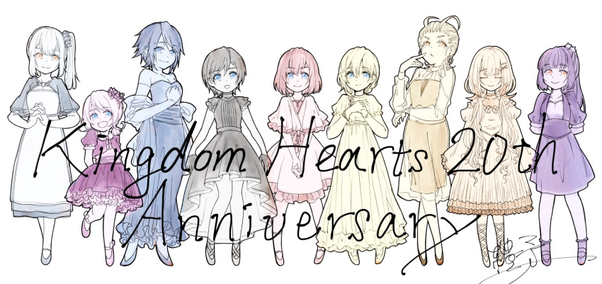 6+girls alternate_costume anniversary antenna_hair aqua_(kingdom_hearts) dress kairi_(kingdom_hearts) kh_raimu kingdom_hearts kingdom_hearts_358/2_days kingdom_hearts_birth_by_sleep kingdom_hearts_chain_of_memories kingdom_hearts_dark_road kingdom_hearts_iii kingdom_hearts_x larxene looking_at_viewer low_twintails multiple_girls namine ponytail short_hair side_ponytail simple_background skuld_(kingdom_hearts) smile strelitzia_(kingdom_hearts) twintails urd_(kingdom_hearts) vor_(kingdom_hearts) xion_(kingdom_hearts)