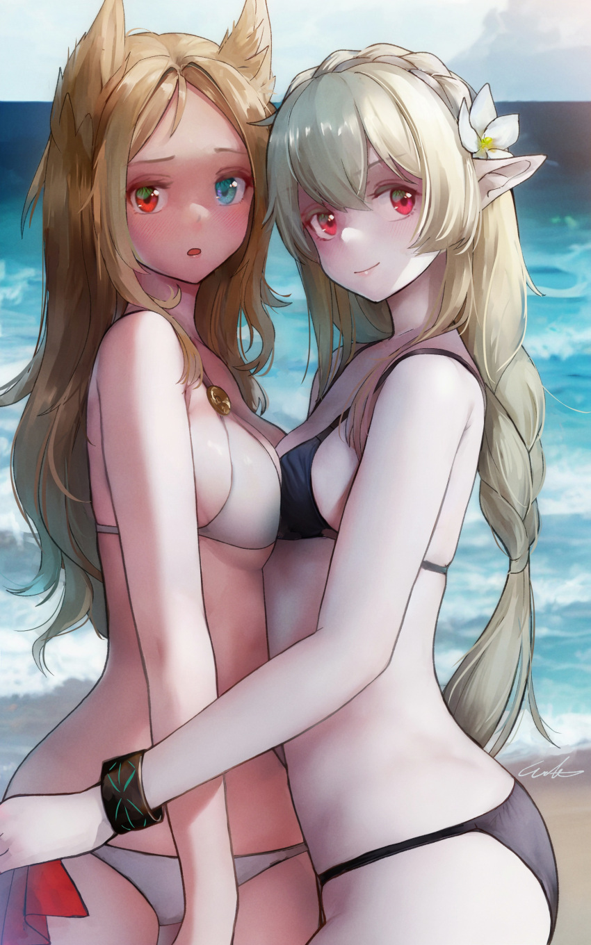 2girls :o absurdres animal_ears archetto_(arknights) arknights asymmetrical_docking beach bikini black_bow blue_eyes blush bow braid breast_press breasts colored_skin crown_braid from_side grey_hair hair_ornament heterochromia highres infection_monitor_(arknights) lion_ears long_hair looking_at_viewer multiple_girls official_alternate_costume outdoors pointy_ears red_eyes skindentation small_breasts smile swimsuit thigh_gap warfarin_(arknights) warfarin_(casual_vacation)_(arknights) welt_(kinsei_koutenkyoku) white_bikini white_skin