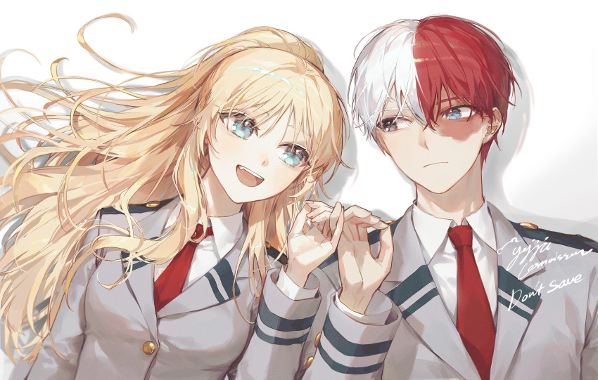 1boy blonde_hair blue_eyes boku_no_hero_academia burn_scar commission grey_eyes grey_jacket hand_up heterochromia highres holding_hands jacket long_hair lying male_focus multicolored_hair necktie oerba_yun_fang on_back original pinky_swear red_hair red_necktie scar scar_on_face school_uniform short_hair signature simple_background split-color_hair todoroki_shouto two-tone_hair u.a._school_uniform upper_body white_background white_hair ye_jji