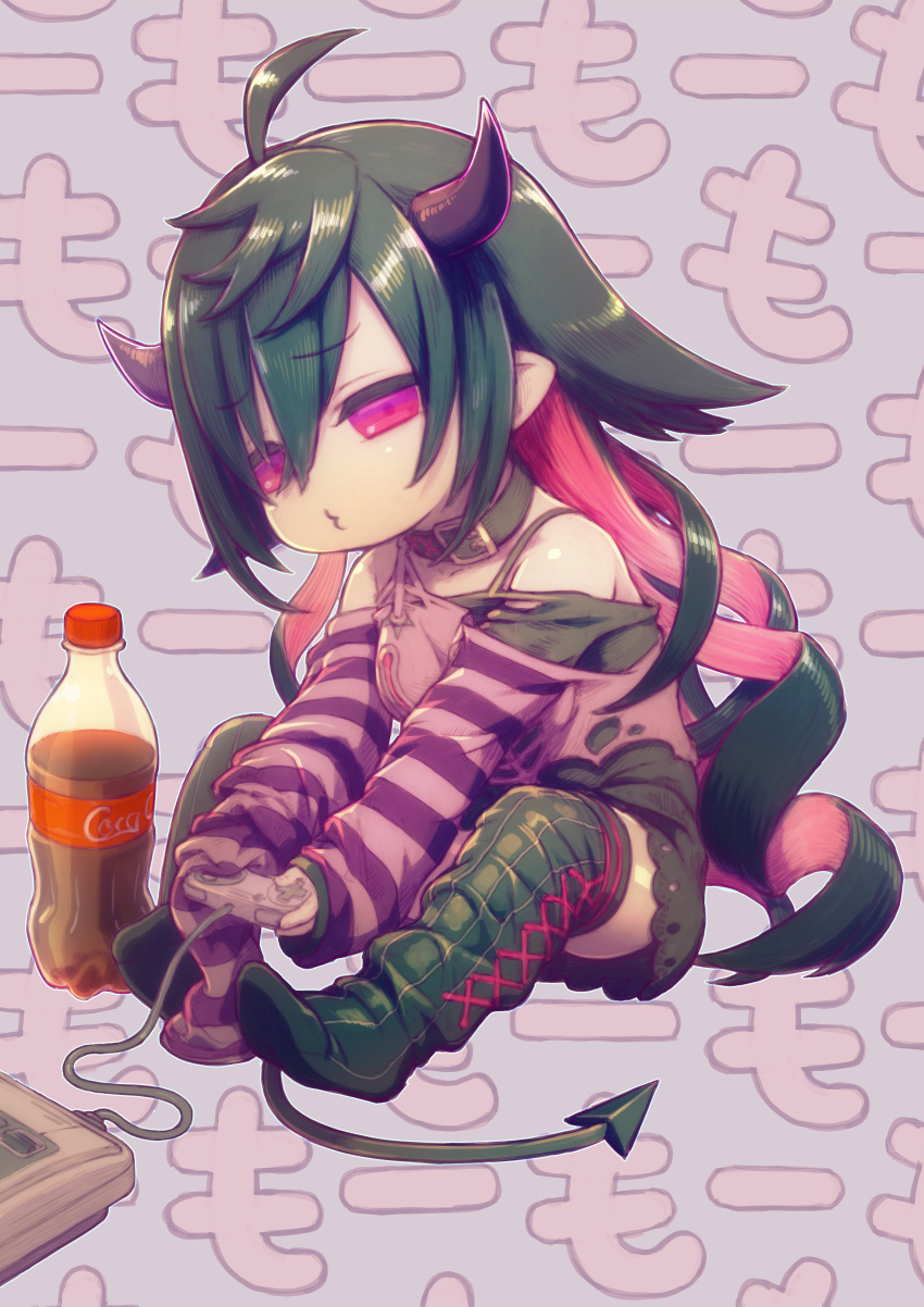 absurdres ahoge black_dress black_hair black_thighhighs coca-cola collar commentary_request controller demon_tail dress female feral_lemma full_body furrowed_brow game_controller grey_background hair_between_eyes half-closed_eyes highres horns long_hair multicolored_hair nijisanji no_nose off_shoulder paid_reward_available pink_eyes pink_hair pointy_ears ringlets shirt sitting sleeves_past_fingers sleeves_past_wrists soda_bottle solo striped_sleeves tail thighhighs torn_clothes torn_shirt two-tone_hair virtual_youtuber yamiyono_moruru