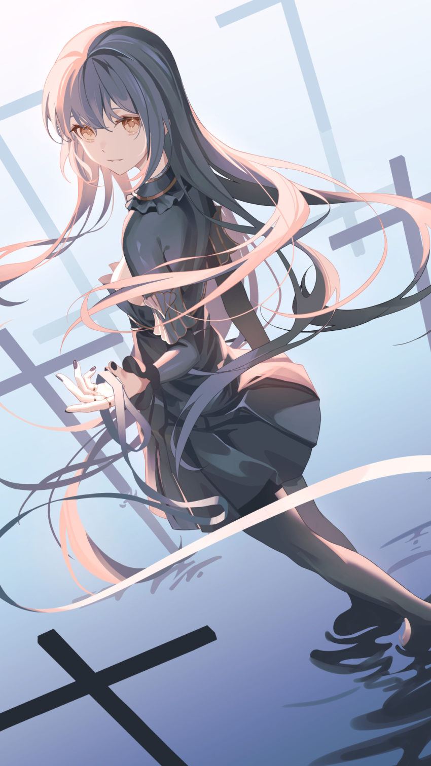 bad_id bad_pixiv_id black_dress black_hair commentary commission cross dress dutch_angle english_commentary female from_above highres jewelry light_smile long_hair looking_at_viewer nail_polish orange_eyes original pantyhose ring solo tsuki-shigure very_long_hair walking walking_on_liquid water