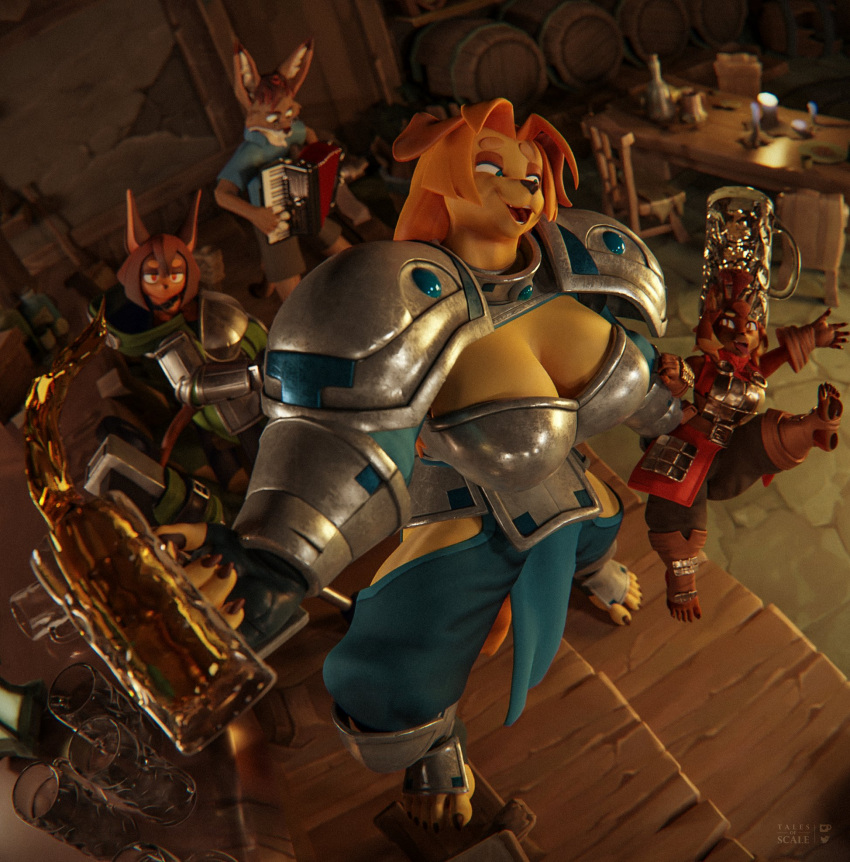 3d_(artwork) 5_toes accordion alcohol anthro armor bar beverage bird_dog blonde_hair boob_armor breastplate breasts canid canine canis claws cleavage clothed clothing digital_media_(artwork) dobermann dog_knight_rpg domestic_dog drunk feet female fox fur golden_retriever group hair hi_res hunting_dog jeane_(ceehaz) larger_female maci_(ceehaz) male mammal musical_instrument pauldron pinscher pomeranian retriever rory_(ceehaz) size_difference spitz substance_intoxication tales_of_scale tan_body tan_fur toe_claws toes